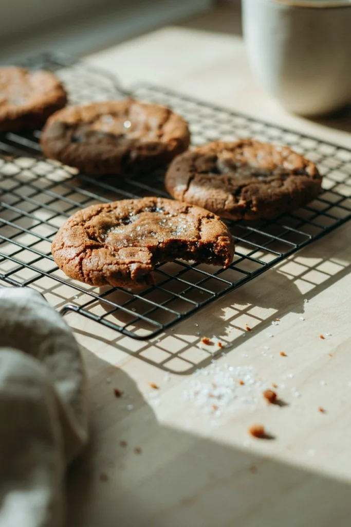 Chewy molasses spice cookies with a crackled sugar top, cooling on a wire rack