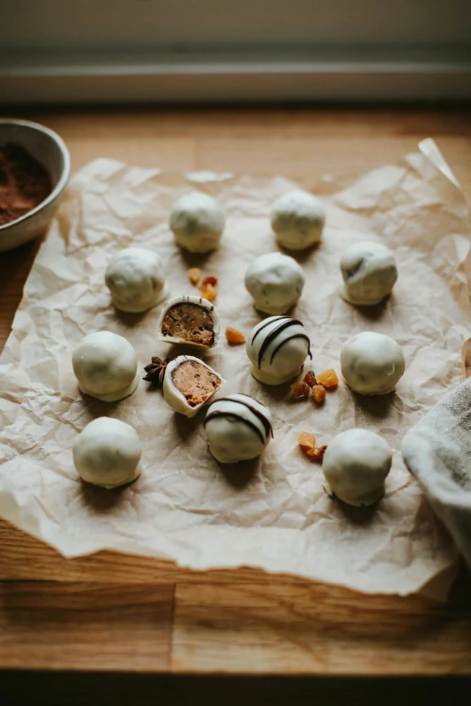 Gingerbread cookie dough truffles coated in white chocolate and drizzled with dark chocolate