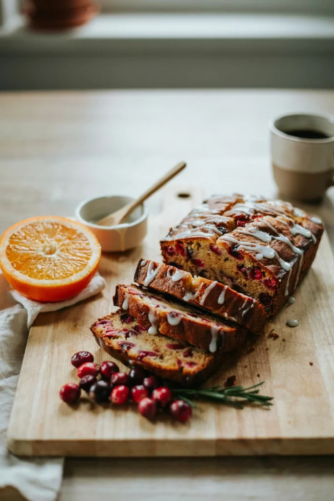 Sliced loaf of cranberry orange quick bread with orange glaze drizzled on top