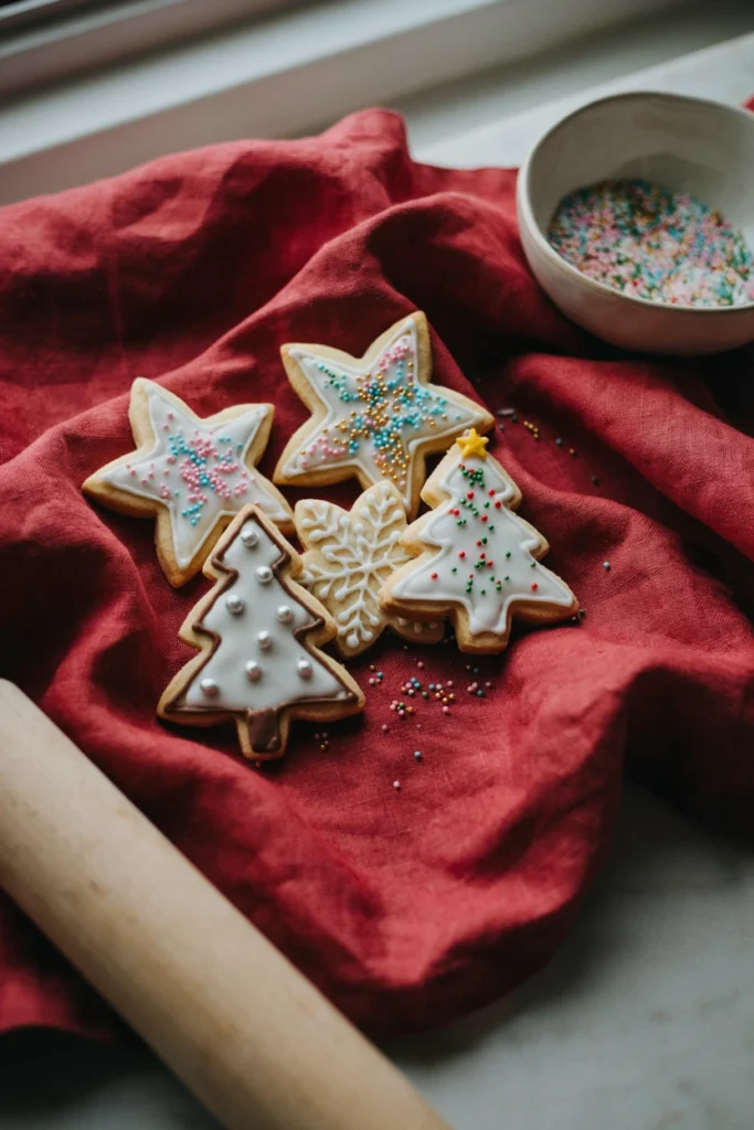 Star and tree-shaped cut-out sugar cookies decorated with royal icing and sprinkles