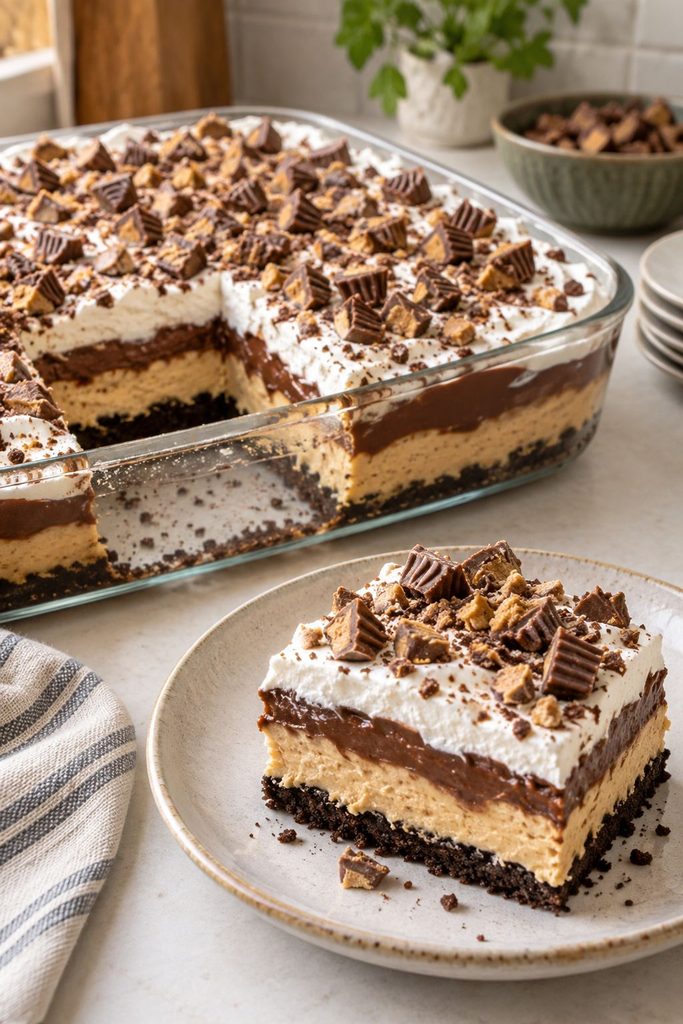 Slice of peanut butter chocolate lasagna with layers of pudding and cream