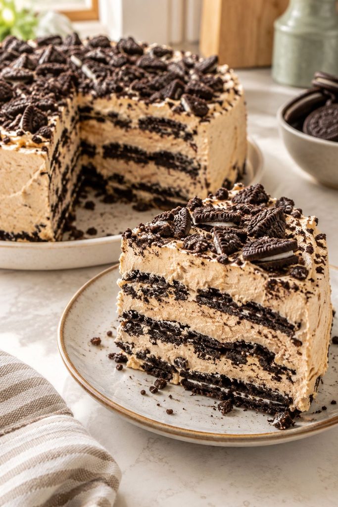 Peanut butter Oreo icebox cake with a slice cut out