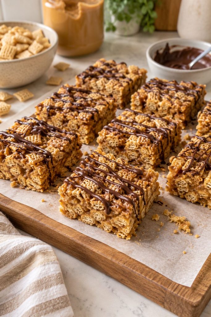 No bake peanut butter Chex bars cut into squares