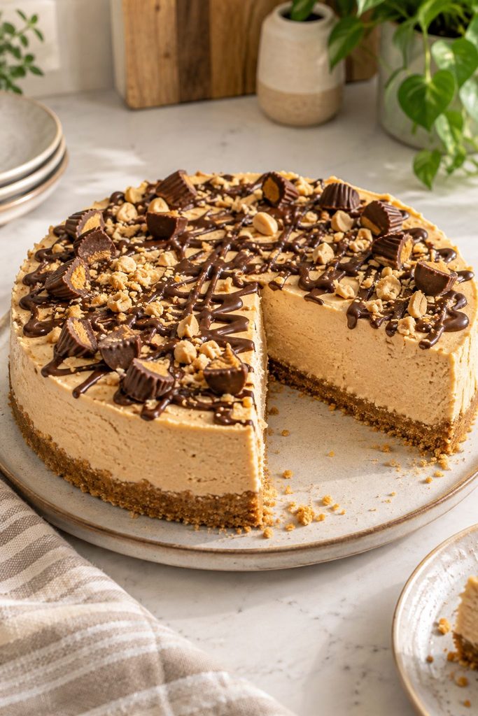Slice of no bake peanut butter cheesecake with chocolate topping