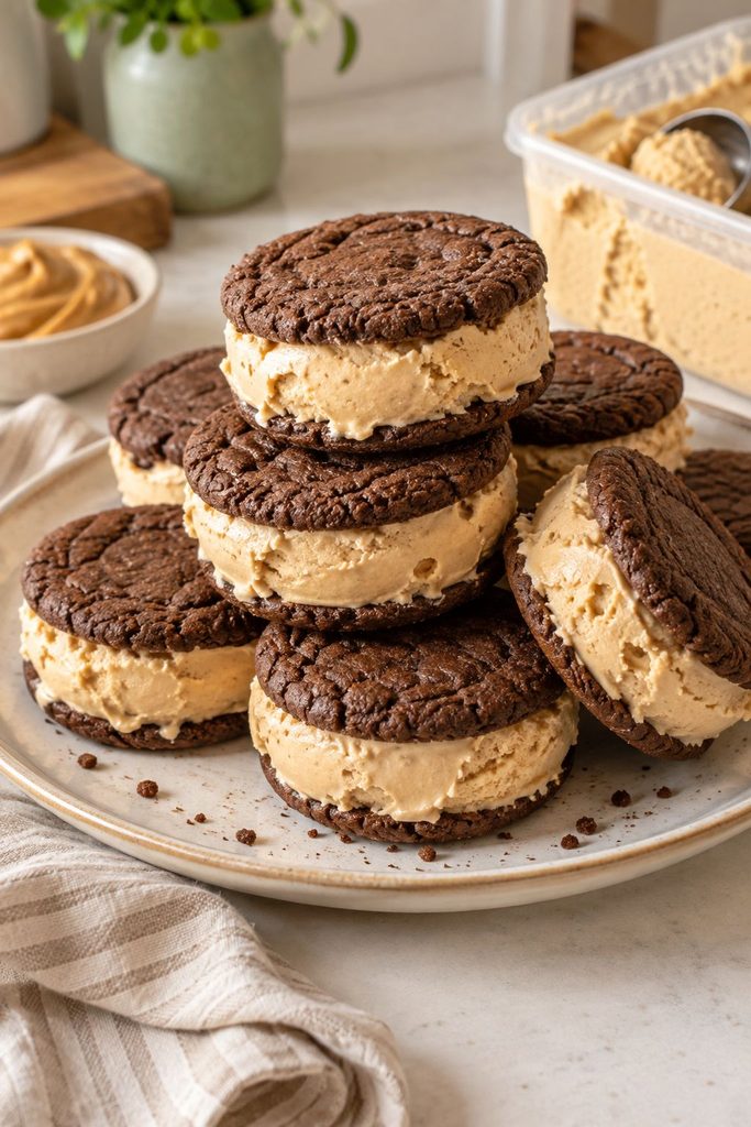 Peanut butter ice cream sandwiches rolled in mini chocolate chips