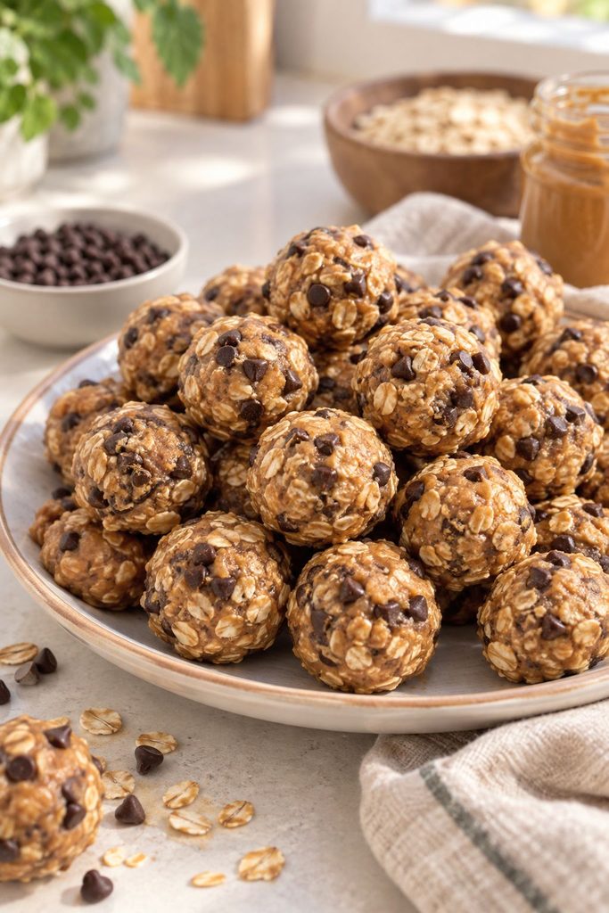 Chocolate peanut butter energy bites made with dates and oats
