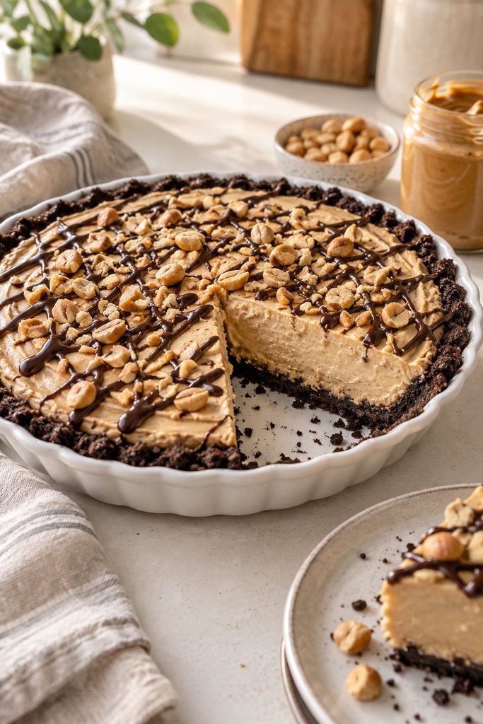 No bake peanut butter pie with a graham cracker crust and chocolate drizzle