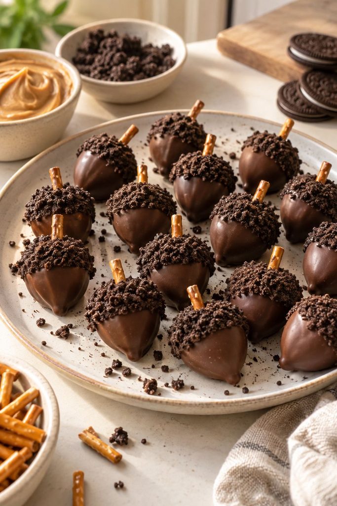 Peanut butter Oreo acorn truffles with pretzel stems