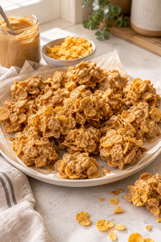 No bake peanut butter cornflake clusters on parchment paper