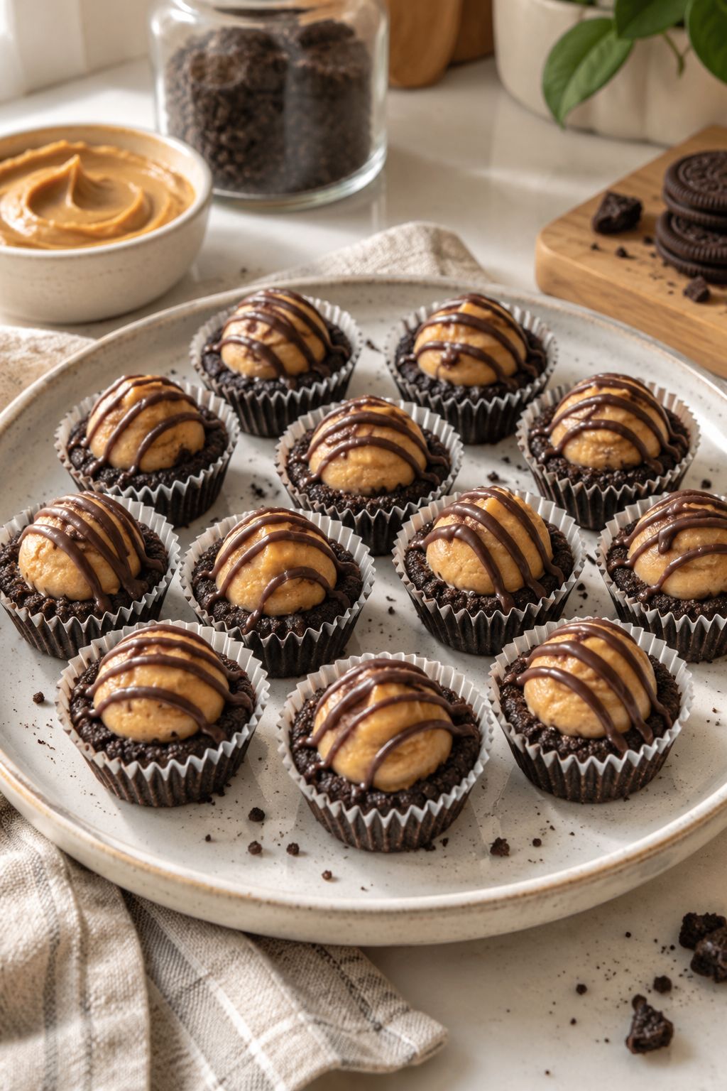 Peanut butter chocolate brownie bites with a chocolate drizzle
