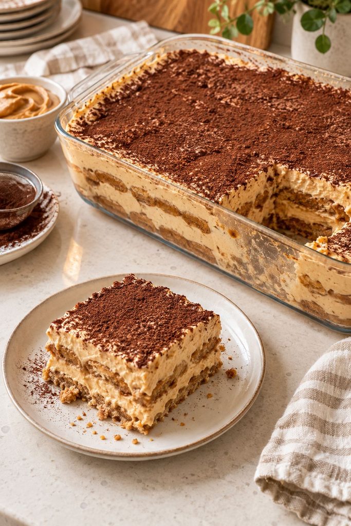 Slice of no bake peanut butter tiramisu dusted with cocoa