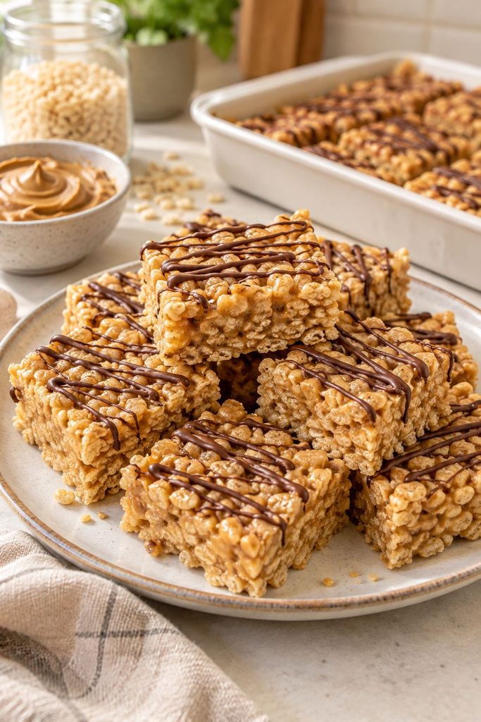 Peanut butter Rice Krispie treats topped with chocolate, cut into squares