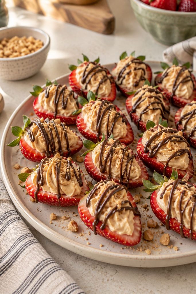 Strawberries stuffed with peanut butter cheesecake filling