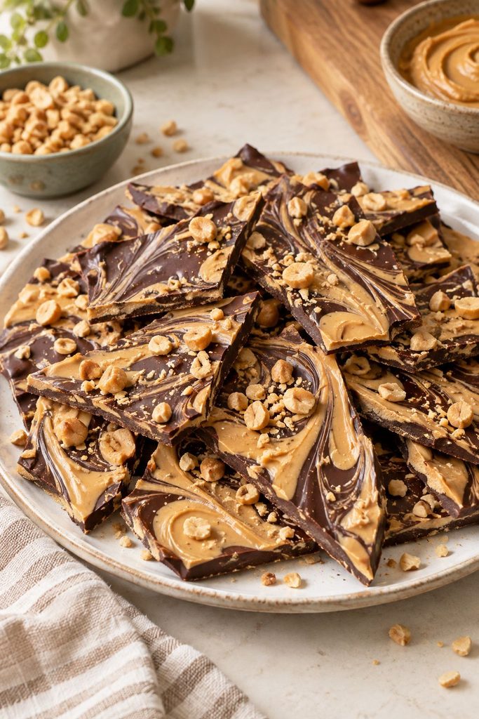 Peanut butter chocolate bark broken into pieces with pretzels