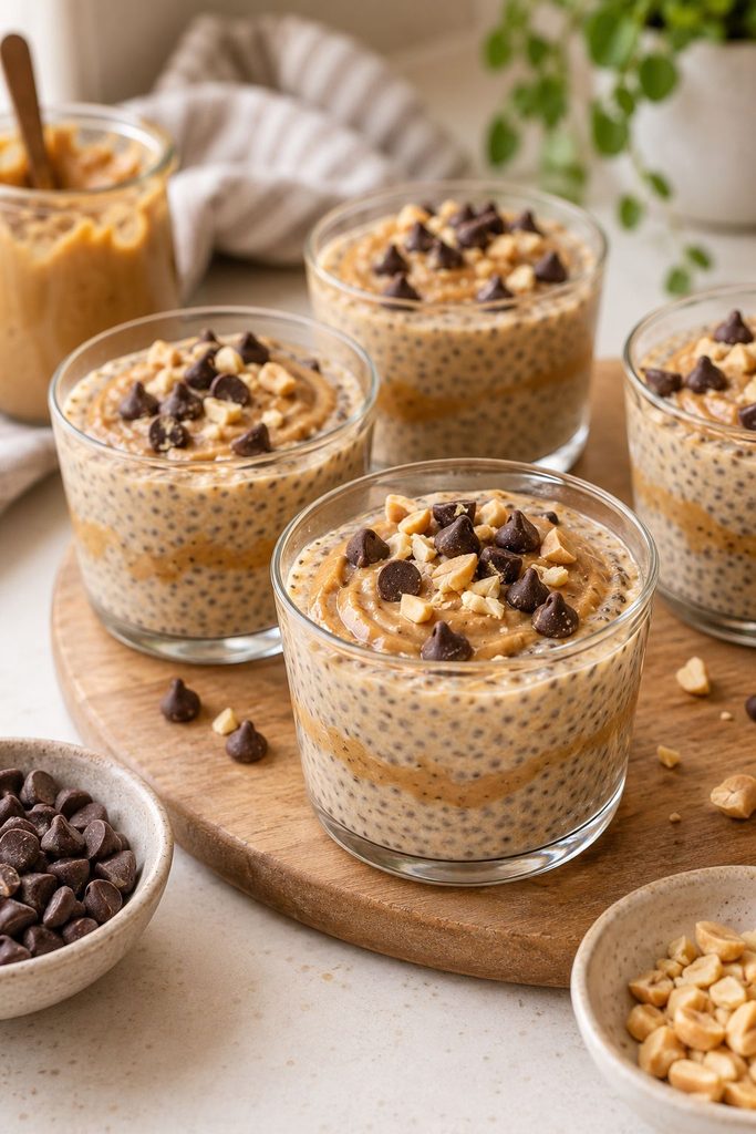 Peanut butter chia pudding cups topped with banana and chocolate chips