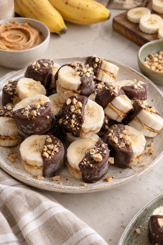Frozen peanut butter banana bites dipped in dark chocolate