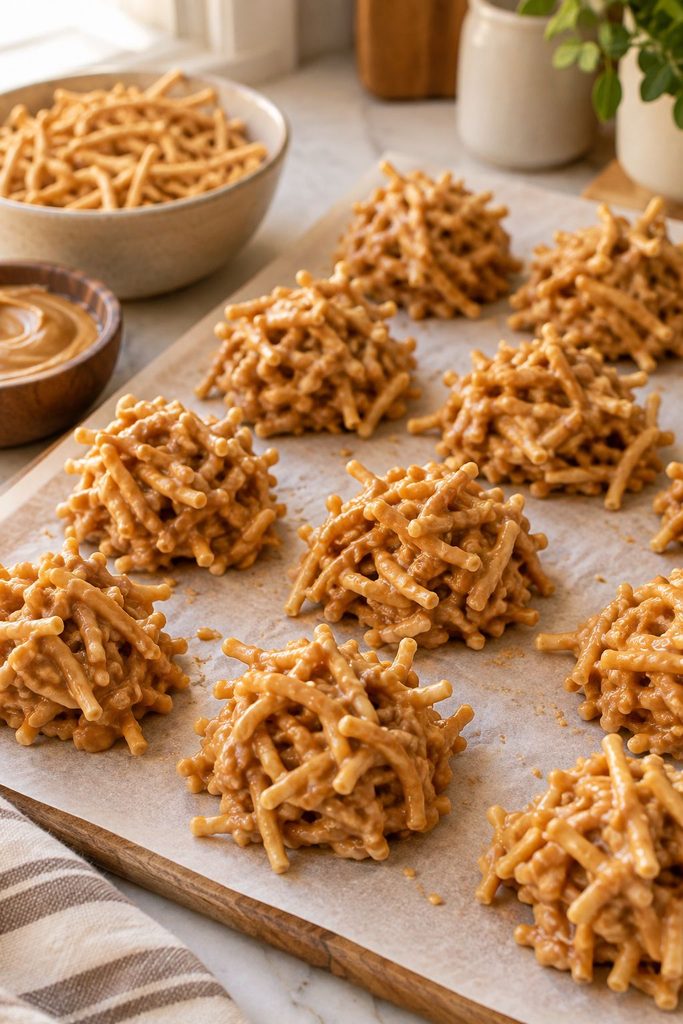 Peanut butter haystacks made with chow mein noodles and peanuts