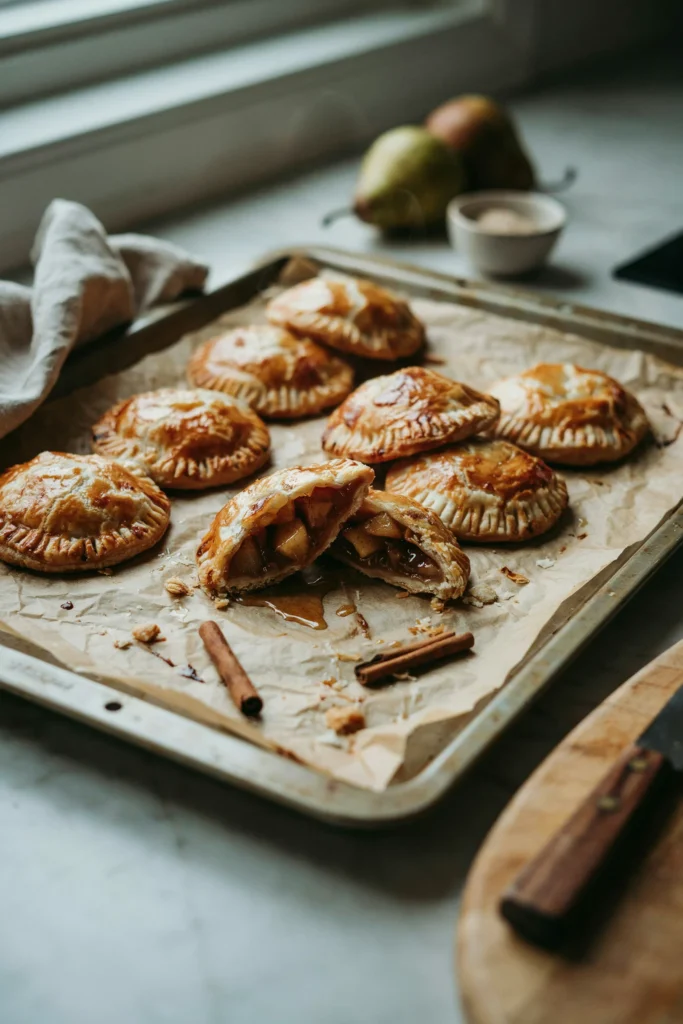 A batch of golden, crimped hand pies on a parchment-lined baking sheet, one broken open to show the spiced pear filling