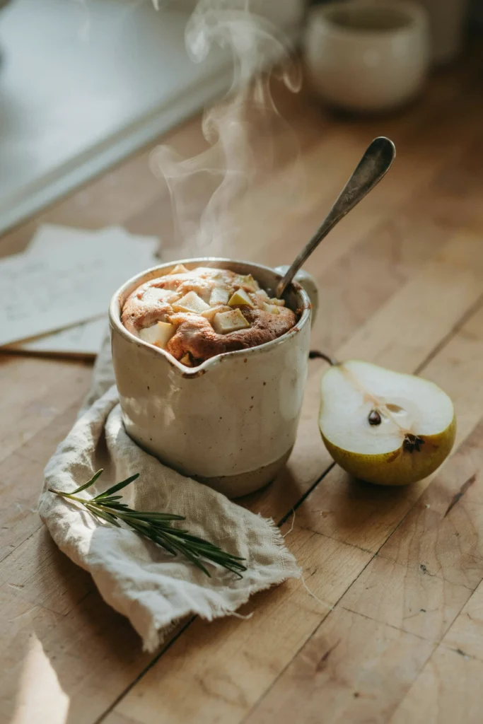 A single-serving mug cake studded with diced pear, steam still rising, served in a rustic stoneware mug with a spoon resting inside