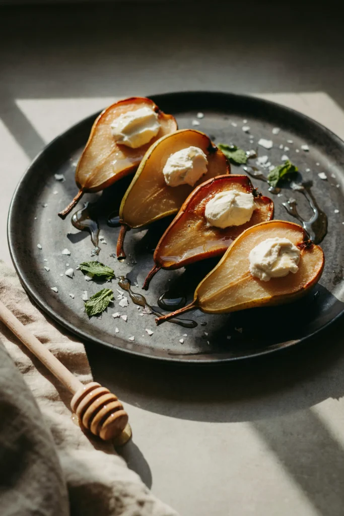 Halved pears roasted until golden and slightly caramelized at the edges, filled with a swirl of mascarpone, drizzled with honey, on a dark ceramic plate