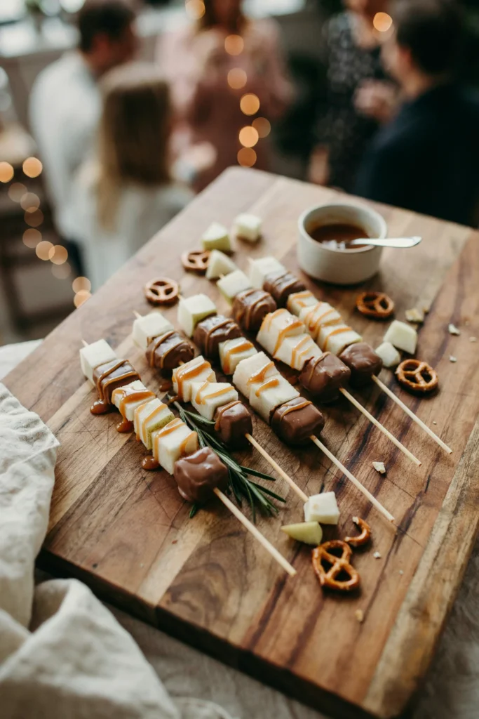 Skewers alternating diced pear, chocolate-dipped pretzel pieces, and a caramel drizzle, arranged on a serving board for a party