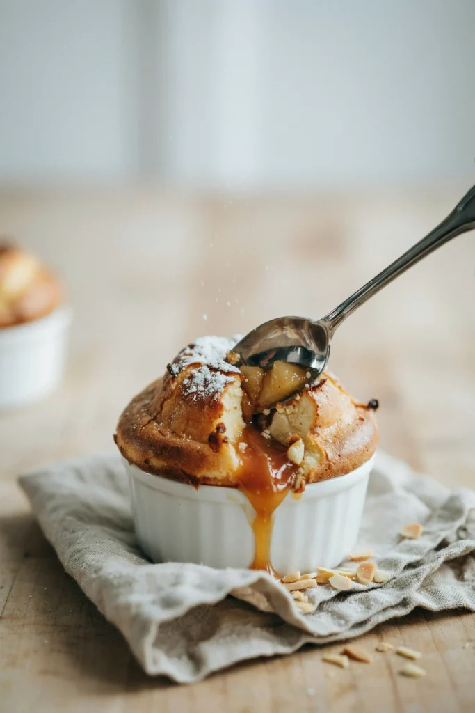 An individual ramekin soufflé risen above the rim, golden on top, with a spoon breaking through to reveal a molten caramel pear center