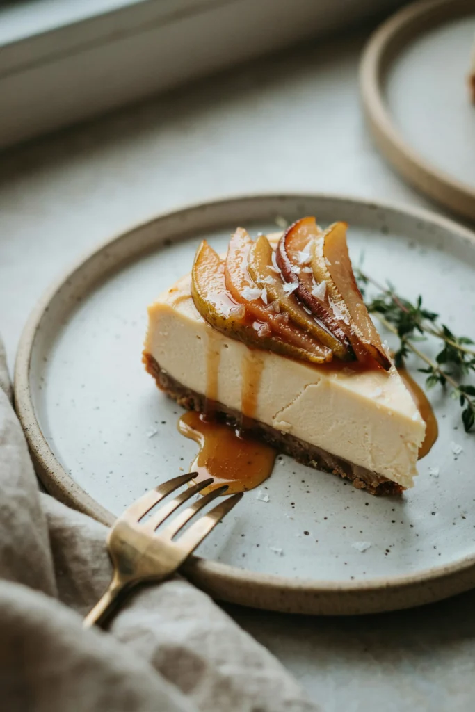 A slice of cheesecake with a graham crust, topped with a fan of caramelized pear slices and a drizzle of brown butter caramel