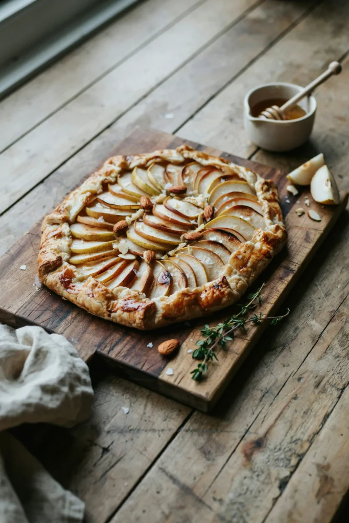 A free-form rustic galette with pear slices fanned over dark chocolate, golden pastry edges folded over, dusted with powdered sugar