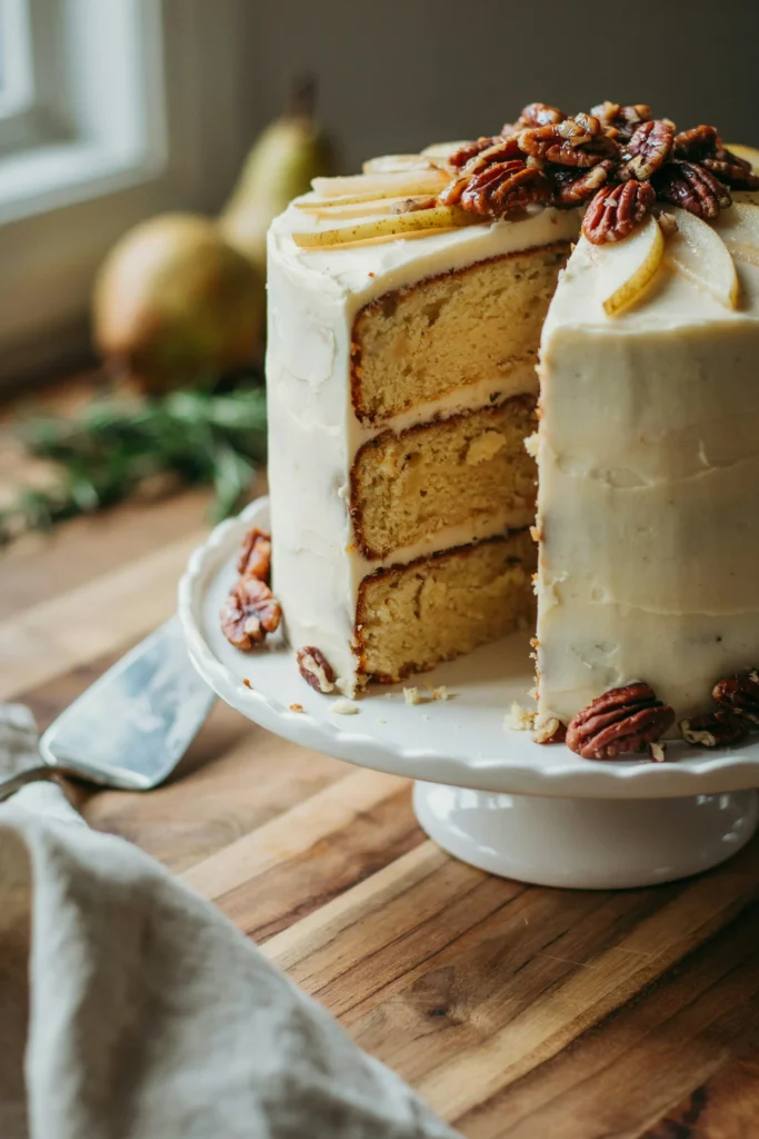 A tall layer cake with pear-spiced frosting between layers, garnished with candied pecan halves on top, sliced to show the moist interior crumb