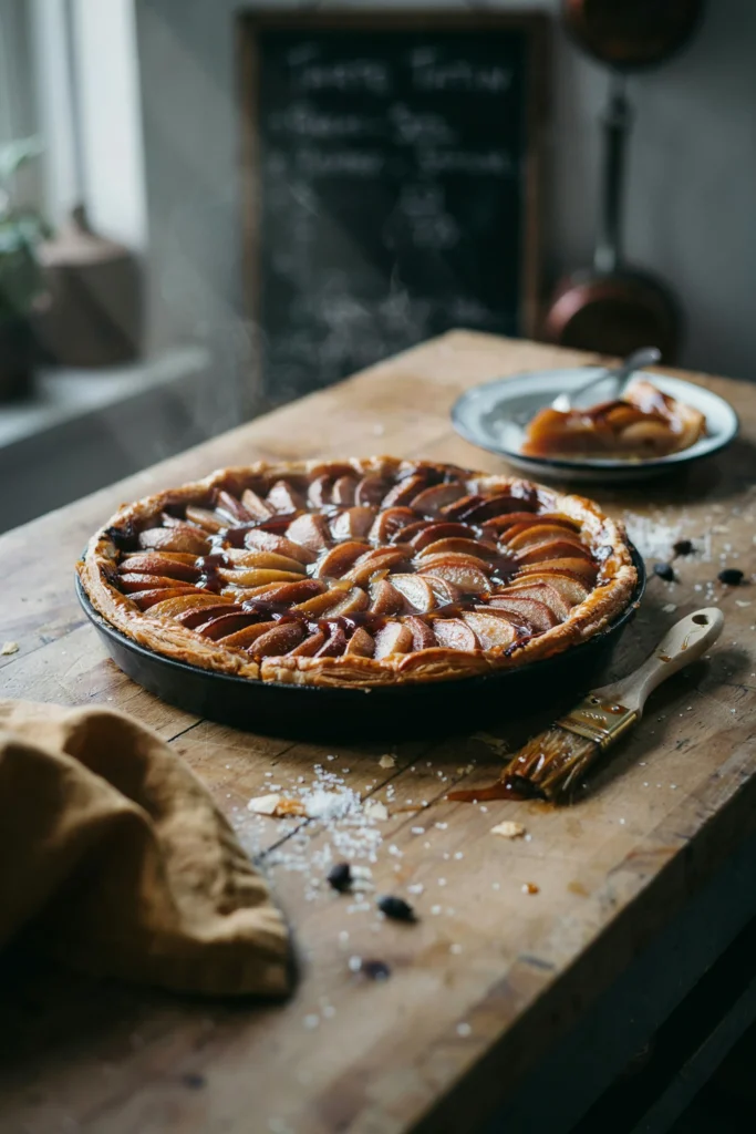 An inverted tarte tatin showing deeply caramelized pear halves arranged in concentric circles on flaky golden pastry
