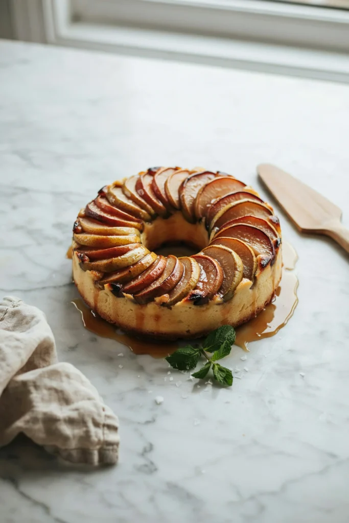 A round cake flipped to reveal a caramelized pattern of pear slices arranged in a circle on top, glossy with brown sugar caramel