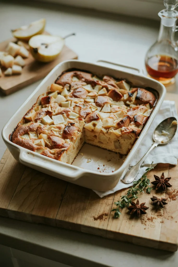 A baking dish of bread pudding studded with diced pear, golden and custardy, with a slice removed showing the soft interior