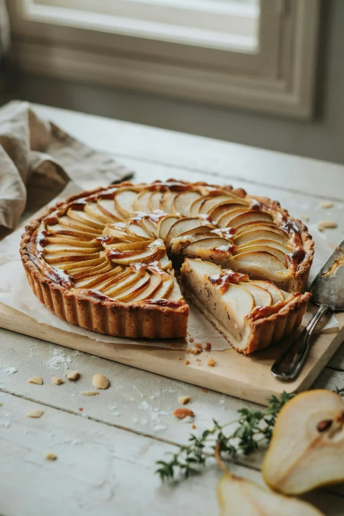 A sliced tart showing thin layers of pear fanned over a golden almond frangipane filling in a buttery tart shell