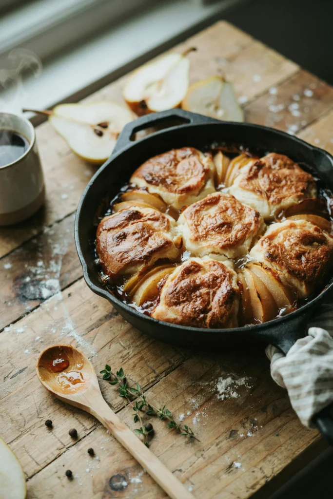 A cast iron skillet pear cobbler with pillowy biscuit rounds baked golden on top, filling bubbling up around the edges