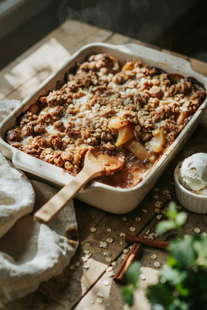 A bubbling pear crisp in a baking dish with golden, craggy oat streusel topping, a scoop missing to reveal the soft pear filling underneath