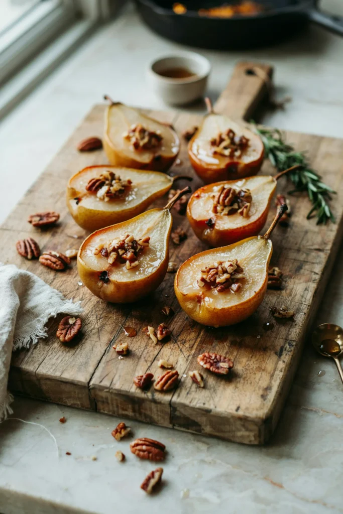  Halved pears baked until tender, glazed in maple syrup, and topped with crunchy candied pecans, served on a wooden board