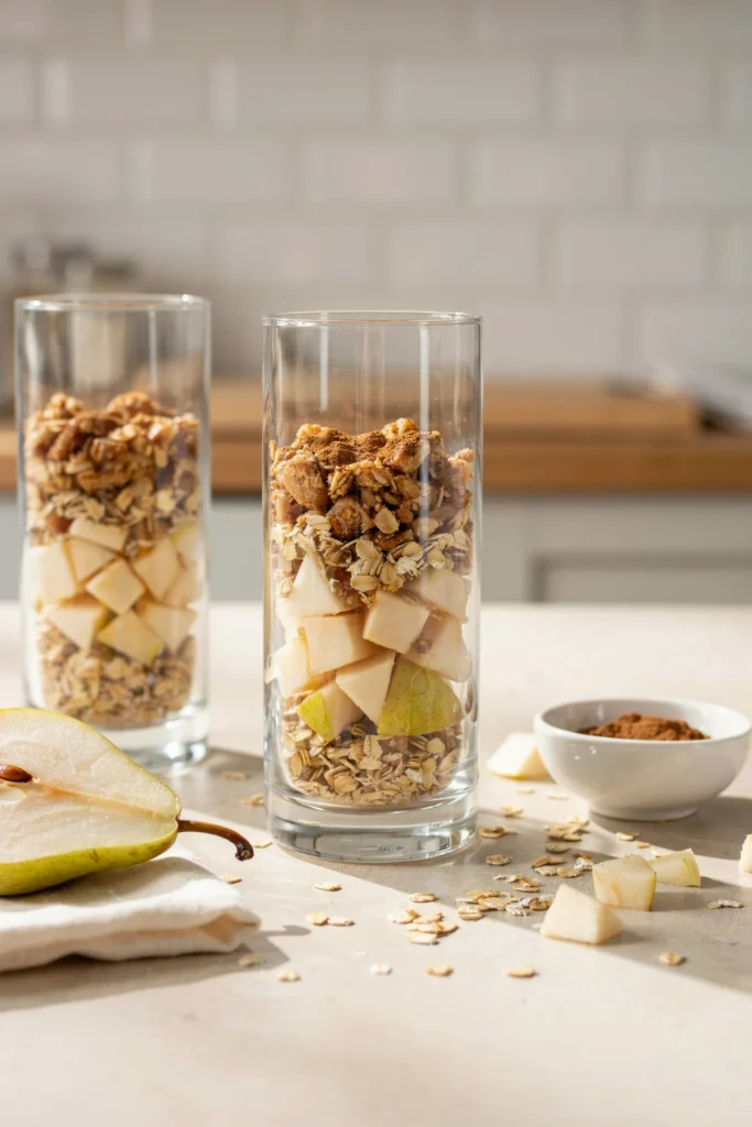 Glass jars layered with diced pear, toasted oat crumble, and a dusting of cinnamon, shot at eye level to show the distinct layers