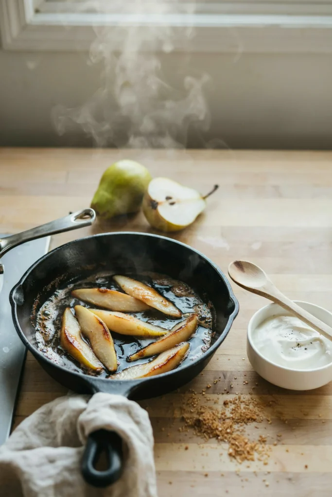 Sliced pears caramelizing in a skillet with visible butter and brown sugar bubbling around the edges, next to a bowl of thick vanilla yogurt