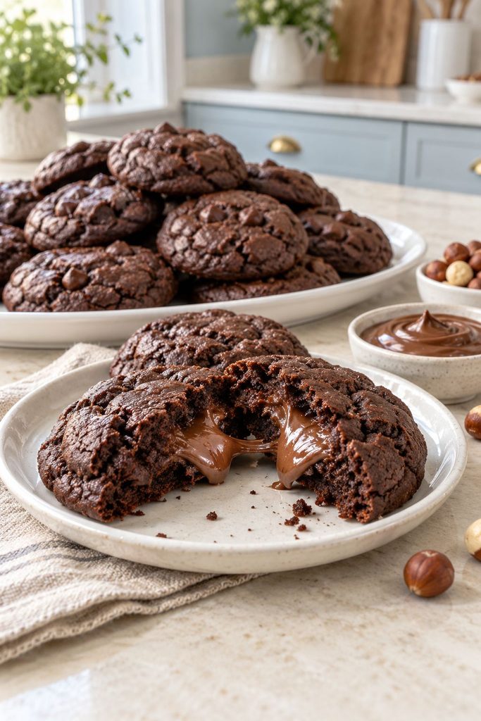 Chocolate cookie torn open with hazelnut spread oozing from the center
