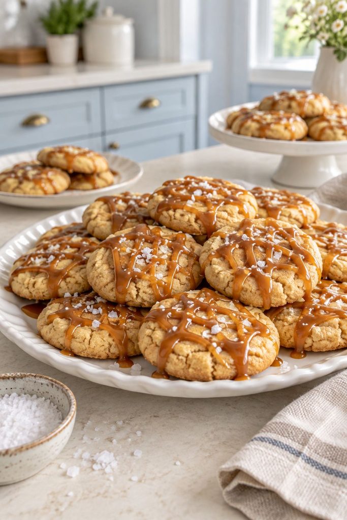 Golden cookies drizzled with caramel and topped with flaky salt
