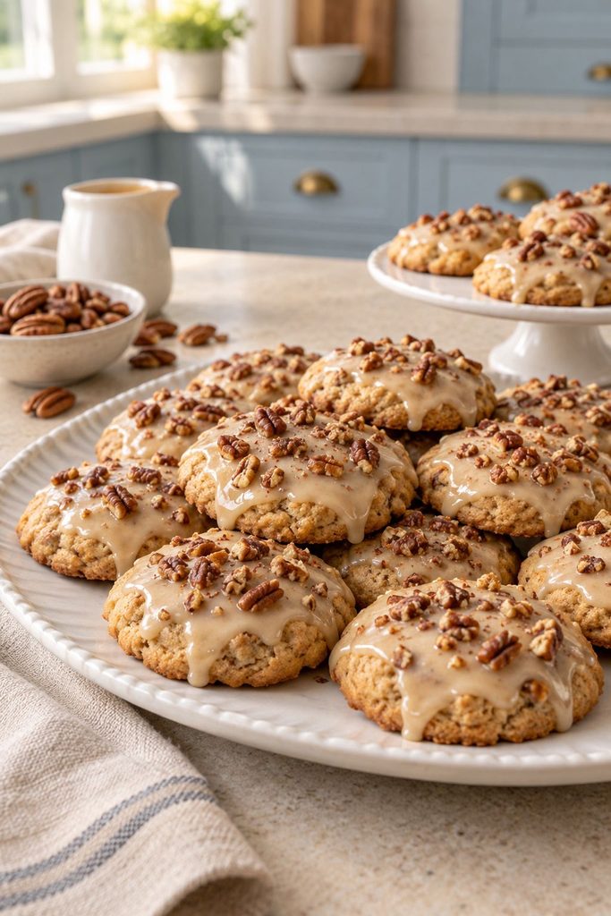 Amber cookies with maple glaze and toasted pecan pieces on a wooden board