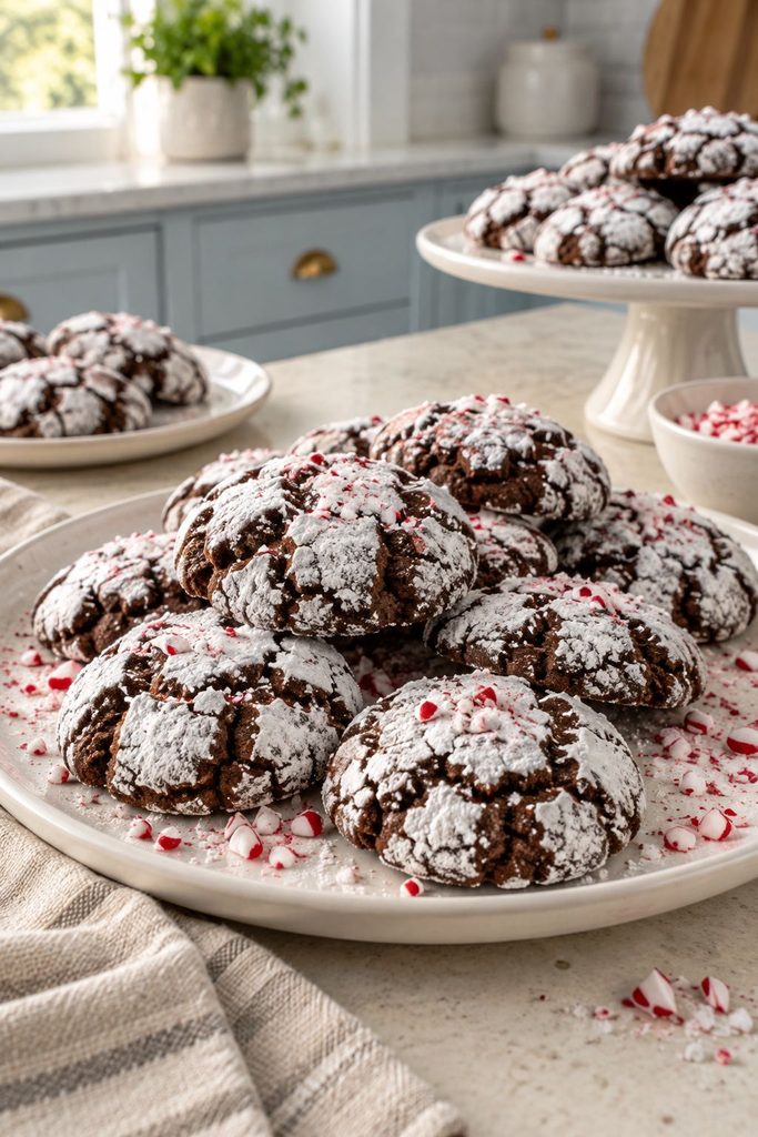 Deep chocolate crinkle cookies with thick white powdered sugar cracks, styled with candy canes