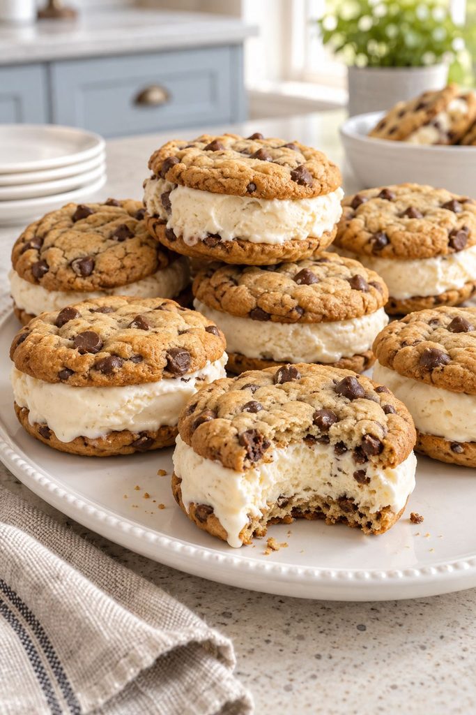 Chocolate chip cookie ice cream sandwiches with a bite taken out, vanilla ice cream oozing at the edges