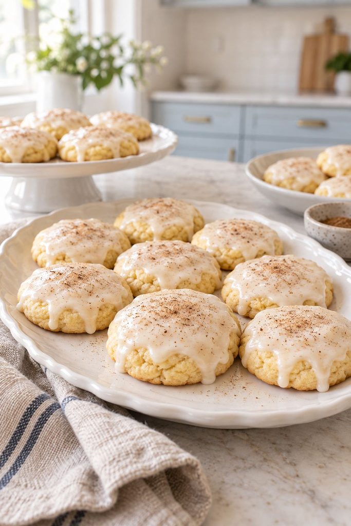 Soft golden cookies with a white eggnog glaze and a dusting of nutmeg