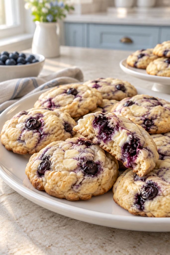 Thick, soft cookies with purple-blue blueberry bits and a cream-colored crumb