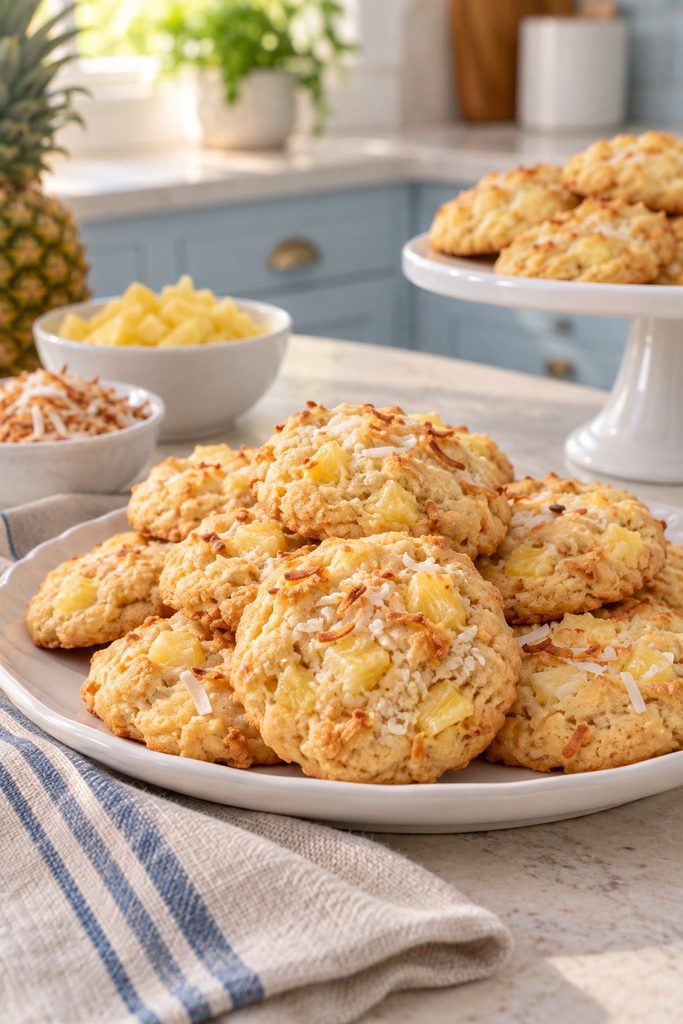 Golden cookies flecked with dried pineapple and toasted coconut against a tropical napkin