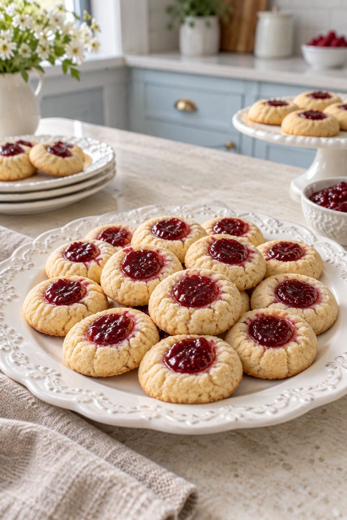 Round cookies each with a glossy raspberry jam center on a vintage plate