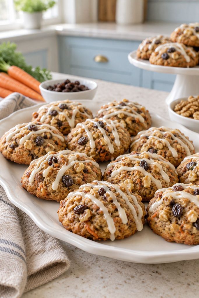 Soft cookies with raisins and walnuts, drizzled with white cream cheese glaze
