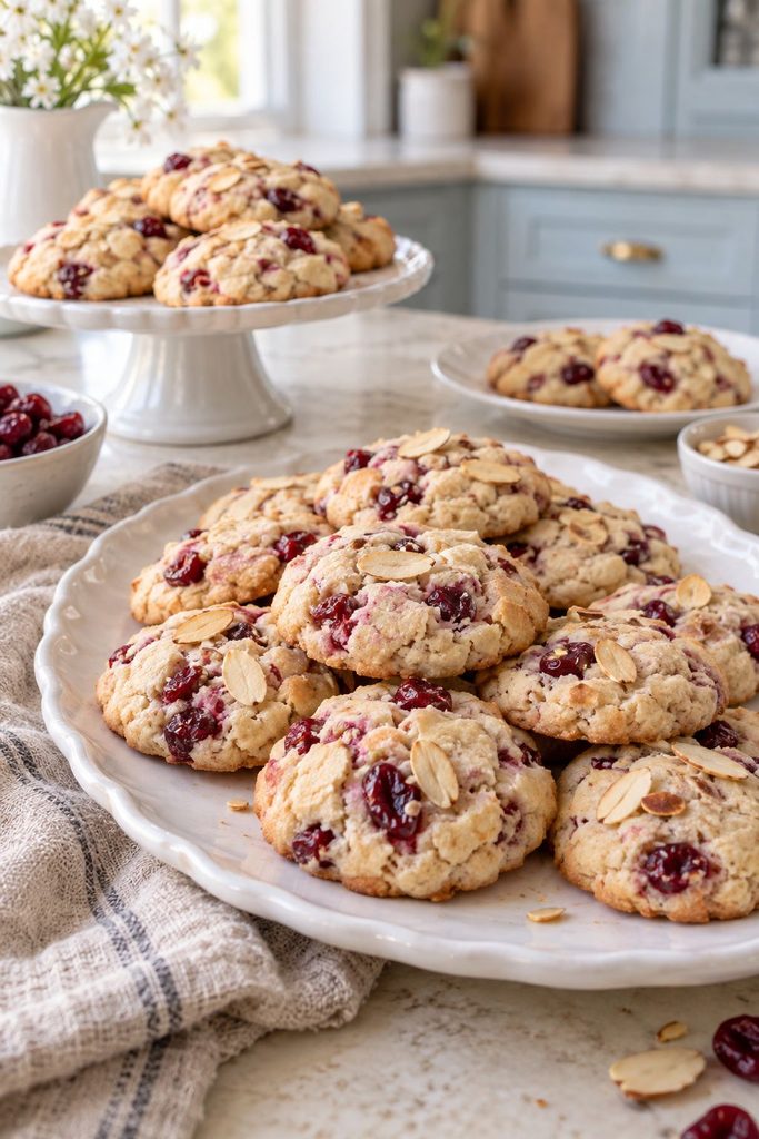 Pale cookies topped with sliced almonds and ruby cherry pieces