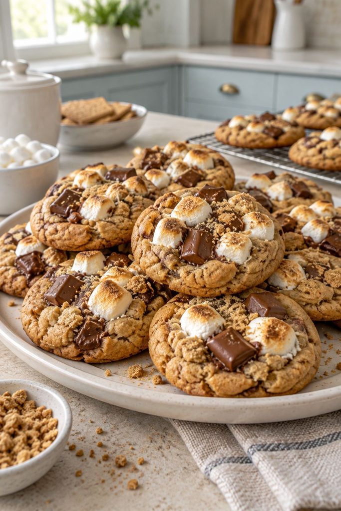 Golden cookies topped with toasted mini marshmallows and chocolate squares, graham crumbs on the plate